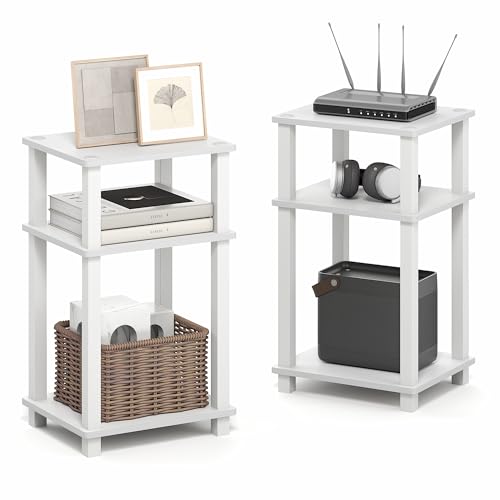 Image of Furinno JUST Side Table Set of 2, 3-Tier Open Shelf Modern End Table, Toolless Assembly Night Stand, Bedside Table with Square Tube, for Living Room, Bedroom, White