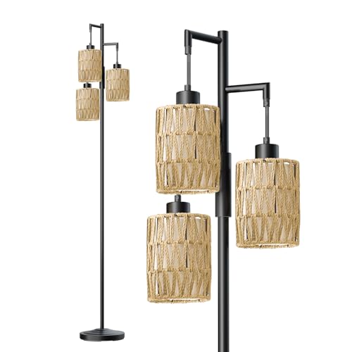 Image of Oneach 70 inch Floor Lamps for Living Room, Stepless Dimmable Boho Floor Lamp with 3 Bulbs, Tall Farmhouse Industrial Corner Standing Tree Lamp for Bedroom, Office, Study Room, Rattan with Linen Shade