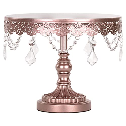 Amalfi Decor Cake Stand, Round Metal Pedestal Holder with Crystals, Rose Gold, 10 Inches
