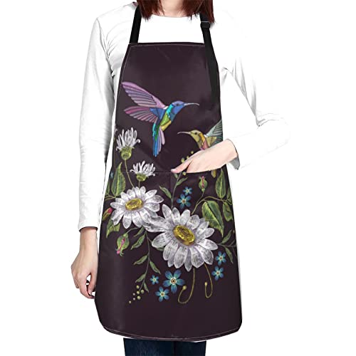 Perinsto Hummingbird Birds Flowers Waterproof Apron With 2 Pockets Kitchen Chef Aprons Bibs For Grooming Cooking Baking Painting Gardening #TOP2