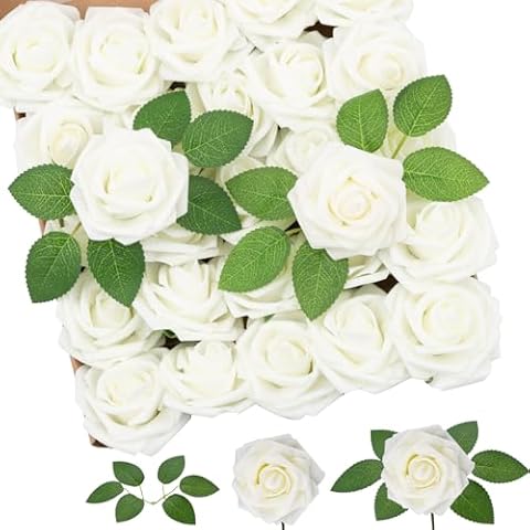 SPORTYOUTH 50 Pcs White Artificial Roses Faux Flowers Bulk with Stems, Foam Fake Rose Real Look for DIY Wedding Bouquet Centerpiece Valentine's Day Bridal Shower Party Home Decor Women Gift Cover