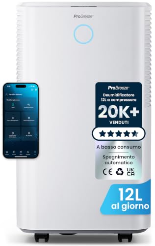 Pro Breeze OmniDry Deumidificatore Casa Muffa 12L/Giorno con WiFi, Serbatoio da 2L, Asciugatura...