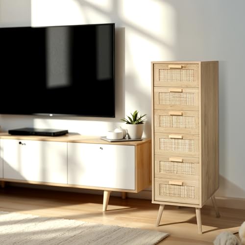 Image of Finnhomy Rattan Dresser for Bedroom, Tall Dresser with 6 Hand Made Rattan Decorated Drawers, Small Chest of Drawers for Living Room, Closet, Hallway, Natural