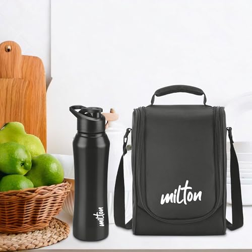 Image of Milton Food Fiesta Tiffin (3 Microwave Safe Inner Steel Containers, 320 ml; 1 Plastic Container, 280 ml; 1 Comet Bottle, 750 ml)With Insulated Fabric Bag, Black, Leak Proof, Odour Proof, Easy to Carry
