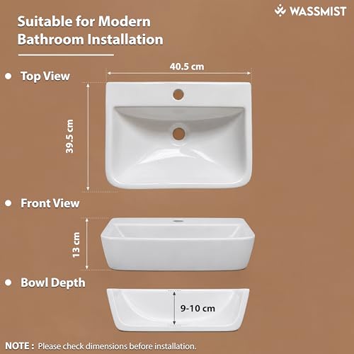 Image of WASSMIST Wash Basin | Wall Hung Wash Basin for Bathroom with 10 Year Glaze Warranty | Premium Ceramic Semi Oval Basin with Tap Hole (15.9 X 11.6 X 5 Inch)