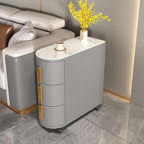Narrow Storage Cabinet, Movable Organizer with Wheels, Modern Bedside Table, Faux Leather & Solid Wood End Side Table 3 Drawer Bedroom Cabinet, for Small Spaces(Gray,50*25*55cm/19.7*9.8*21.6in)