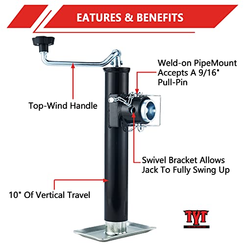 TYT 5000lbs Weld-On Pipe-Mount Swivel Trailer Jack,10 Inches Vertical Travel, Trailer Jacks Retracted Height 11-21/25 inches, Extended Hight 21-21/25 inches
