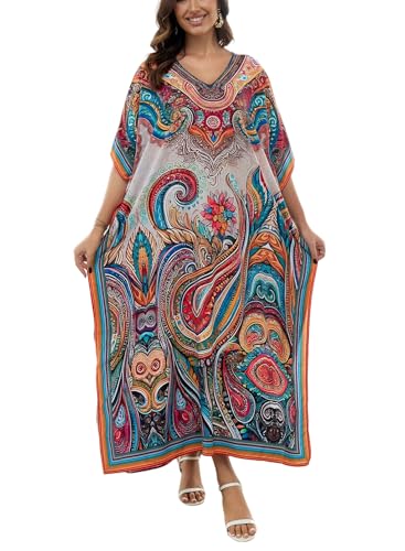 Image of IMAGEKOPE Women's Plus Size Loose Fit Moroccan Print V-Neck Batwing Kaftan Beach Dress Bathing Suit Cover Up