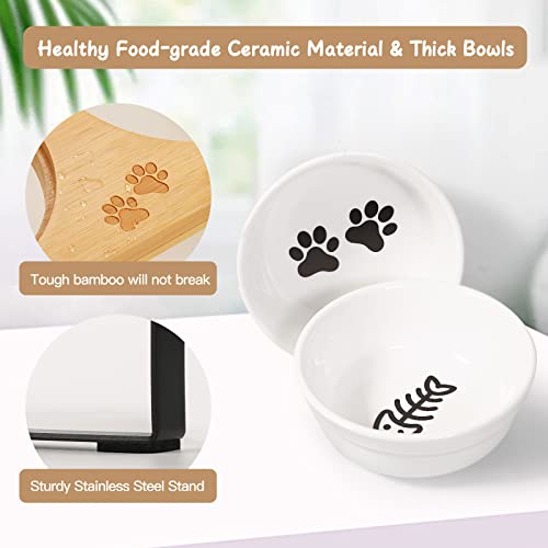 Ceramic Elevated Cat Bowls, 10° Tilted Raised Cat Food Bowls for Food and Water, Indoor Cat Dishes with Bamboo Stand Anti Vomiting for Cats and Puppy, Pet Bowl Set with Anti Slip Feet, Dishwasher Safe