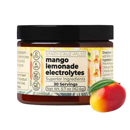 Santa Cruz Paleo Electrolyte Powder Mango Lemonade Sugar Free Hydration Drink Mix with Himalayan Pink Salt Sea Salt Magnesium Glycinate Potassium Chloride Sweetened with Stevia 30 Servings