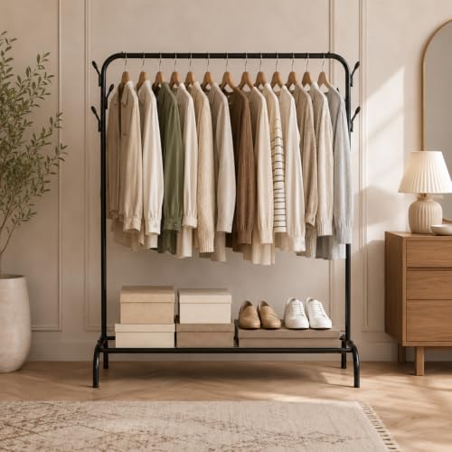 Image of LEOPAX Metal Clothes Rack for Hanging Clothes, Garment Rack with Bottom Shelf, Freestanding Portable Wardrobe Organizer for Bedroom, Laundry Room, Entryway, Clothes, Coats, Shoes & Bags, Black