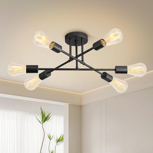 Sputnik Chandelier,6-Light Ceiling Light, Dining Room Light Fixture with E26 Bulbs,Ceiling Light Fixture, Angle Adjustable Kitchen Lighting Fixtures Ceiling, Modern Black Chandeliers for Dining Room