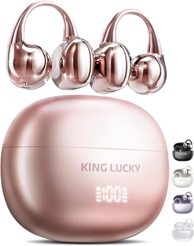 Image of King Lucky Next-gen Clip on Earbuds Open Ear Wireless Bluetooth 6.0 Headphones with Mic,50H Play,ENC,IPX5 Waterproof,Sports Ear Buds,Comfortable for Small Ears&Fitness,Running (LED Display, Pink)