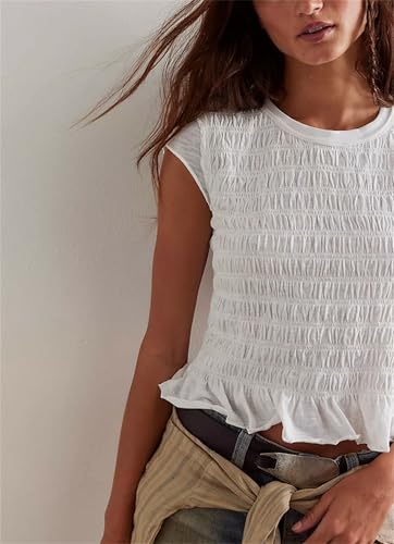 Women Tank top Summer Smocked Tops Cap Sleeve Ruffle Hem Shirred Shirt Y2k Going Out Tops Vacation Beach Outfits3