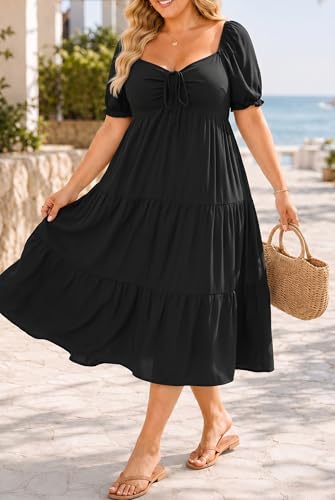 Image of Plus Size Summer Dresses - Sweetheart Neck Drawstring Puff Sleeve Casual Tiered Aline Flowy Midi Dress