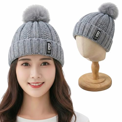 Image of Kraptick Women's Winter Cap - Knit Beanie with Soft Fleece Lining Hat, Stylish Pom Pom Thick Woollen Skull Cap, Warm Hat for Ladies & Girls -3