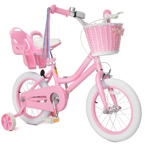 Glaf 12 14 16 20 Inch Girls Bike with Training Wheels for Kids Age 2-12 Years Old Toddler Girls Bike with Basket and Doll Seat Kids Bicycle Adjustable Seat (12 Inch with Training Wheels, Light Pink)