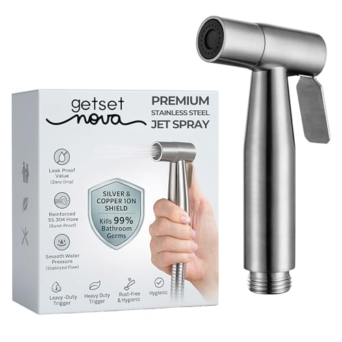 GetSetNova Health Faucet Stainless Steel Jet Spray Gun for Toilet with Pipe | Silver & Copper Ion Shield Kills 99% Germs | Leak-Proof Bathroom Jet Spray (Bidet only)