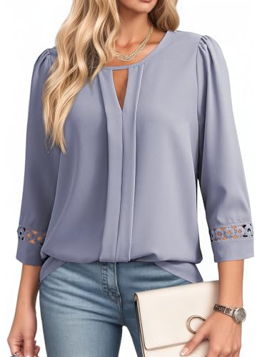 Dokotoo Womens 3/4 Sleeve Tops Dressy Blouses Crewneck Business Casual Office Shirts Clothes