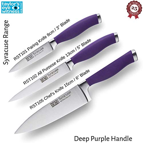 Taylors Eye Witness Syracuse Kitchen Knife 3Pce Set - Paring 8Cm/3.5”, Chefs 15Cm/6” & Cooks All Purpose 13Cm/5” Cutting Edge. Ultra Fine, Razor Sharp Blade. Soft Textured Grip Purple Colour Handle #TOP2