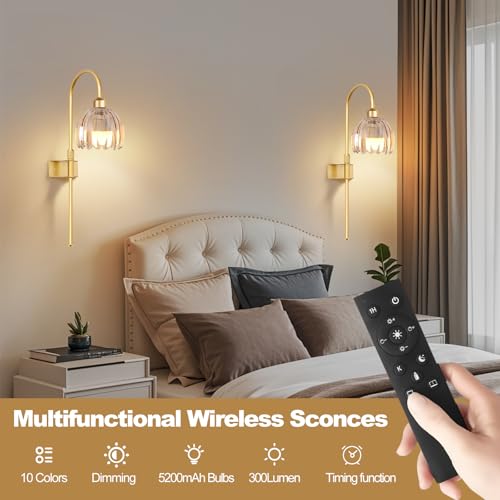 Image of Vintage Battery Operated Wall Sconces Set of Two, Flower Wireless Rechargeable Battery Powered Wall Lights Lamp with Remote Control & Green Glass Lampshade,Gold Wall Sconces for Bedroom Living Room