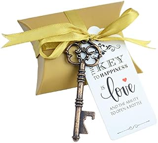 Makhry 50pcs Wedding Favor Souvenir Gift Set Pillow Candy Box Vintage Skeleton Key Bottle Openers Escort Thank You Tag French Ribbon