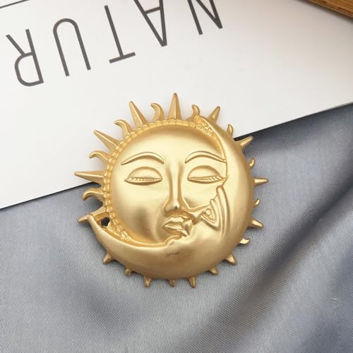 Image of Gold-Tone Moon Sun Brooch Pin Vintage Face Lapel Pin Dainty Crescent Moon with Flaming Sun Safty Pin Baroque Brooch Fairy Planet Badges for Hat Bag Pants Accessory Decoration Gift for Women Men
