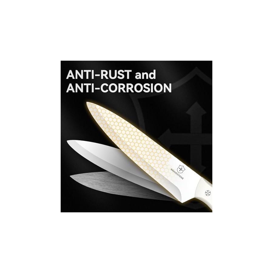 BRAVESTONE Knife Set, 15 Piece Kitchen Knife Set with Block Self Sharpening, Dishwasher Safe, Anti-slip Handle (Cream)