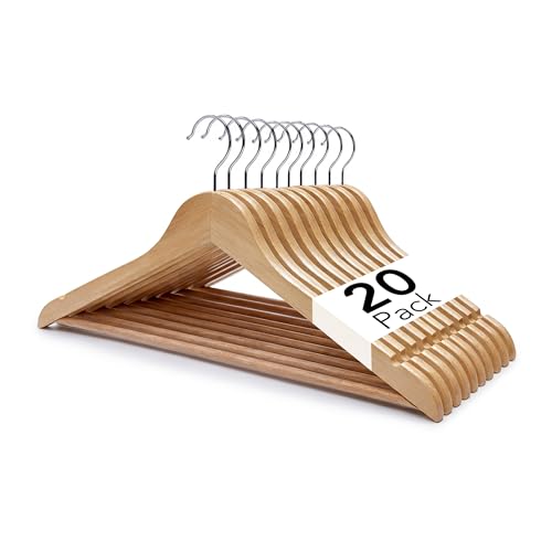Straame Home | Brown Wooden Coat Hangers |Made with Natural Wood and Non-Slip Trouser bar | Extra Smooth Finish | Strong Shoulder Notches | Pack of 20