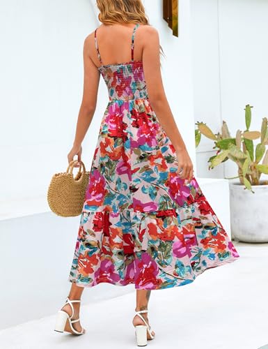 Image of Kranda Women 2026 Summer Sundress High Waist Tie Front Spaghetti Strap Long Beach Floral Tiered Maxi Dress with Pockets