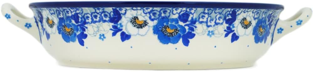 Polmedia Polish Pottery Round Baker with Handles - Blue Spring Blue Pattern Handmade in Boleslawiec Poland by Ceramika Artystyczna + Certificate of Authenticity