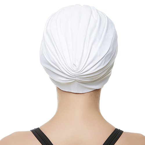 Beemo Swim Caps For Women Swimming Turban Polyester Latex Lined Pleated For Ladies - White #TOP2