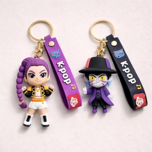 Image of Wanna Party Set of 2 Kpop Demon Hunters Cartoon Keychains for Boys and Girls, Cute Backpack Key Chain Accessories Wristlet chain Return Gift Items for Boys & Girls