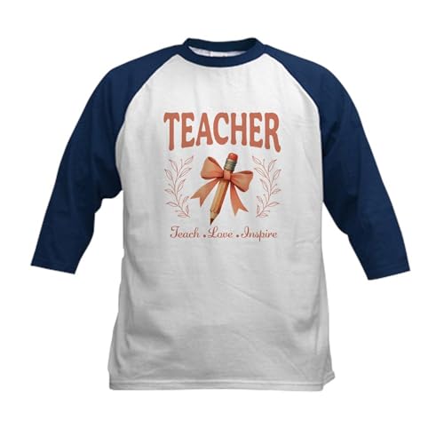 CafePress Cute Pencil with Pink Bow Teacher Kids Baseball T Shirt Kids Cotton Baseball Jersey, 3/4 Raglan Sleeve Shirt