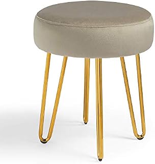 BTFY Grey Velvet Stool  Round Dressing Table Stool with Gold Hairpin Legs  Upholstered Footstool Footrest, Cushioned Vanity Seat Chair for Bedroom, Living Room, Home Office, Fitting Room
