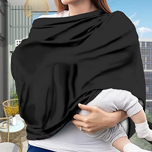 Image of Solid Color Car Seat Nursing Breastfeeding Cover, Multi Use Cover Cozy Carseat Canopy Cover, Infant Babies Stroller Cover,Ultra Soft Stretchy Nurse Gifts - Black Breastfeeding Cover