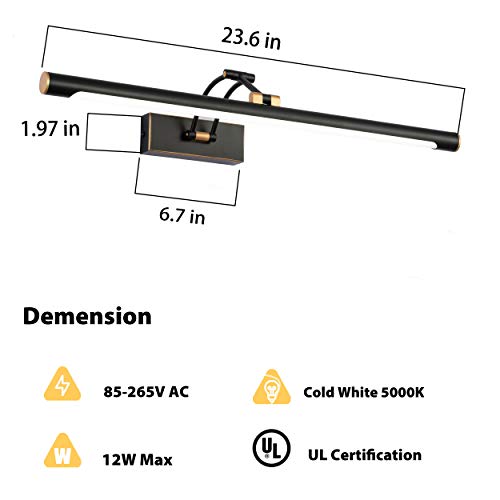 Image of Modern Adjustable 270 Rotatable Black Gold LED Vanity Light, 23.6 Inch Black Gold Bathroom Light Over Mirror (5000K White Light)