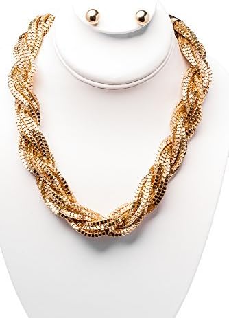 IcyDeals 3 Pcs Pyrite Gold Chain Chunky Necklace Set with Earrings