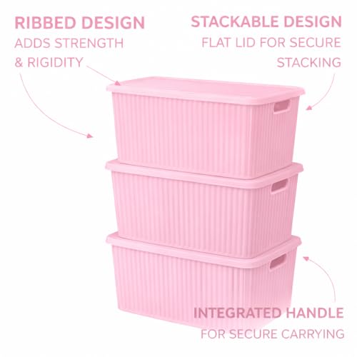 Image of Plastic Storage Box with Lid - Large Stackable Organizer Storage Box for Clothes, Toys, Kitchen - Big Size Plastic Storage Container Basket for Home, Office, Bathroom(Large,Pack of 2,Pink)