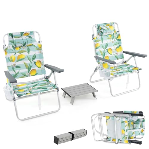 KOMFOTTEU 3PCS Chaises de Plage Pliables avec Table Basse, 2 Fauteil de Plage avec Appui-tête, Dossier réglable en 5 Positions, Chaise de Camping, Sac de Rangement & Porte-gobelet (Motif Citron)