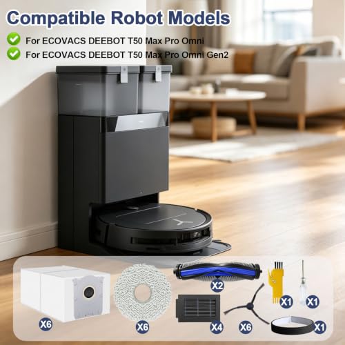 Image of T50 Max Pro Omni Replacement Parts for ECOVACS DEEBOT T50 Max Pro Omni / T50 Max Pro Omni Gen2 Robot Vacuum Cleaner 2 Main Brushes, 4 Filters, 6 Side Brushes, 6 Mop Cloths, 6 Bags