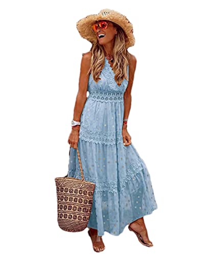 Robe longue en mousseline de soie fine bleu style bohème chic