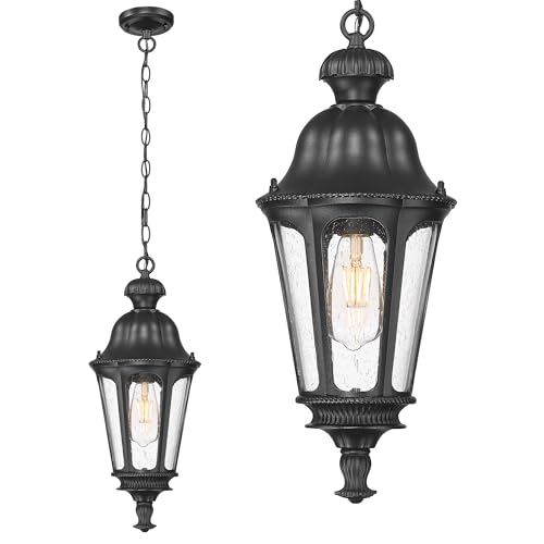 Image of Outdoor Pendant Lights for Porch, HWH 20'' Large Outdoor Chandelier for Gazebo with Seeded Glass, Exterior Hanging Lantern Light Fixtures, Matte Black Finish, 5HW90H-M BK
