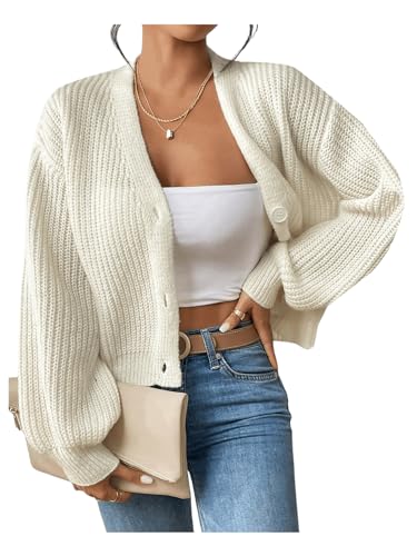 GORGLITTER Women's Lantern Sleeve Oversized Cardigan Cropped Chunky Knit Button Down Cardigan Sweaters