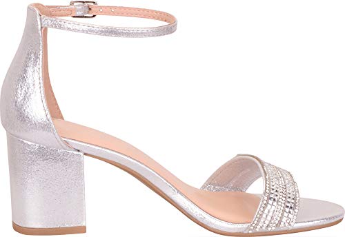 Cambridge Select Women's Single Band Ankle Strap Crystal Rhinestone Chunky Block Mid Heel Sandal,10 B(M) US,Silver… - Image 4