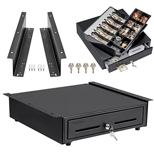 Cash Register Drawer With Under Counter Mounting Metal Bracket - 16” Black Cash Drawer For Pos, 5 Bill 8 Coin Compartment, Fully Removable 2 Tier Cash Tray,  24V Rj11/Rj12 Key-Lock, Double Media Slot #TOP15