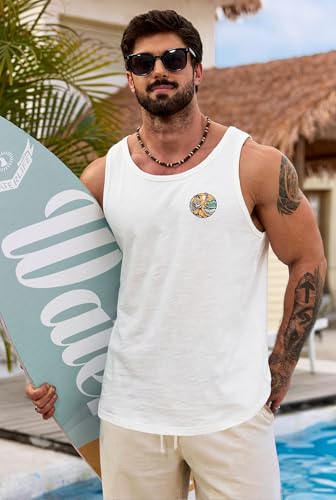 Image of VOGSTART Mens Graphic Muscle Tank Top Beach Slub Cotton Sleeveless Shirts | Design, Print, Casual, Summer, Vacation, Holiday, Surf, Hawaiian, Workout, Vintage, Tropical