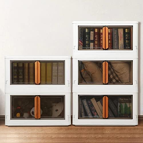 Storage Bins with Lids,5 Packs Clear Stackable Lidded Storage Bins,Collapsible Storage Cube Bins with Wheels,Plastic Storage Box Containers with Double Doors for Home,Bedroom,Office（Large)