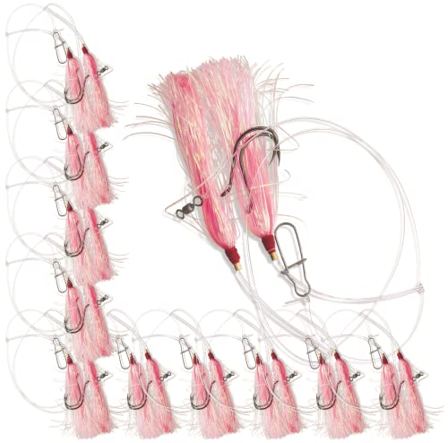 10 Pack Fluke, Snapper, Sea Bass, Pompano Saltwater Fishing Rig 2/0 Bait Hooks Hi Low Pink Mylar Teaser Rigs | Premium Quality, Highly Effective #TOP1