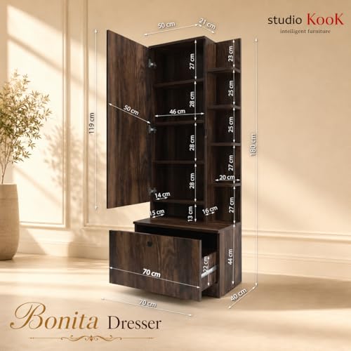 Image of Studio Kook Bonita Dressing Table with Mirror & Storage, Junglewood | Engineered wood dresser with a tall mirror, concealed cabinet, five open shelves and deep 30 kg drawer; 70 x 40 x 180 cm.